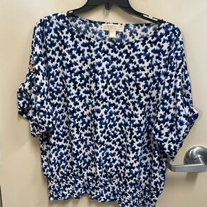 Navy and white Michael Kors blouse with elastic band at bottom